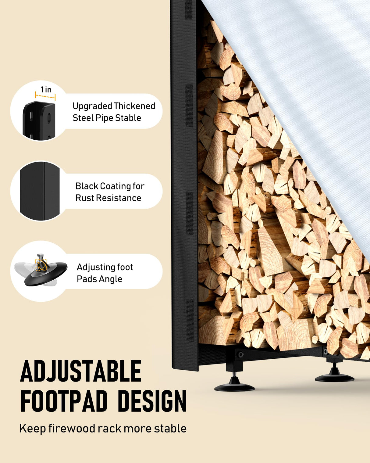 Brightown Firewood Rack Outdoor with Cover, 8FT Wood Rack for Firewood Indoor, Waterproof Fire Wood Holder Outside, Adjustable Heavy Duty Logs Stand Stacker Holder for Patio Deck, Black Brightown