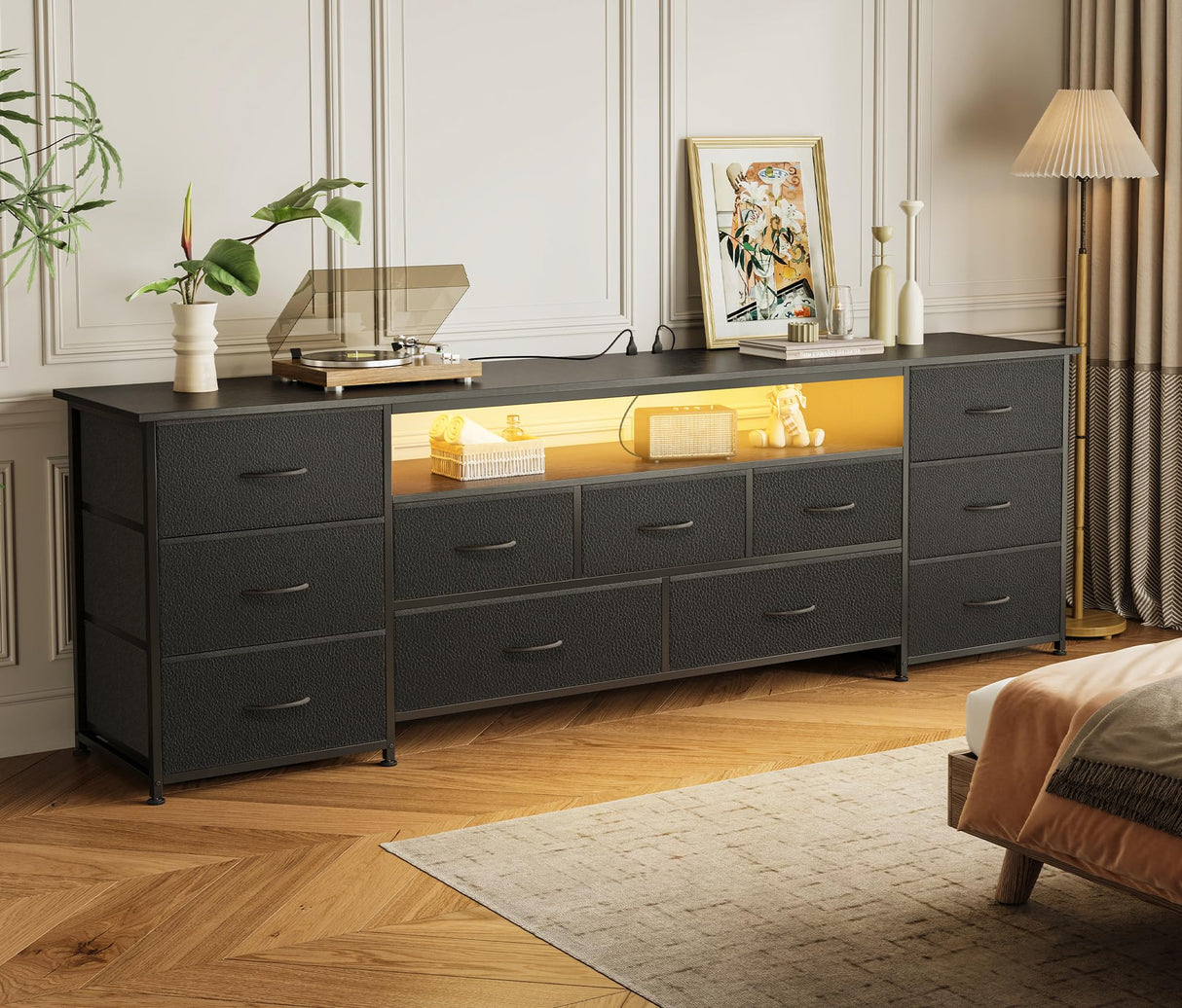 Huuger 70 Inch TV Stand for 75, 80 Inch TV, 11 Drawer Long Dresser with Power Outlets and LED Lights, Entertainment Center with Storage, Black Dresser with PU Leather Surface, 1TS011B Huuger