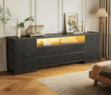 Huuger 70 Inch TV Stand for 75, 80 Inch TV, 11 Drawer Long Dresser with Power Outlets and LED Lights, Entertainment Center with Storage, Black Dresser with PU Leather Surface, 1TS011B Huuger