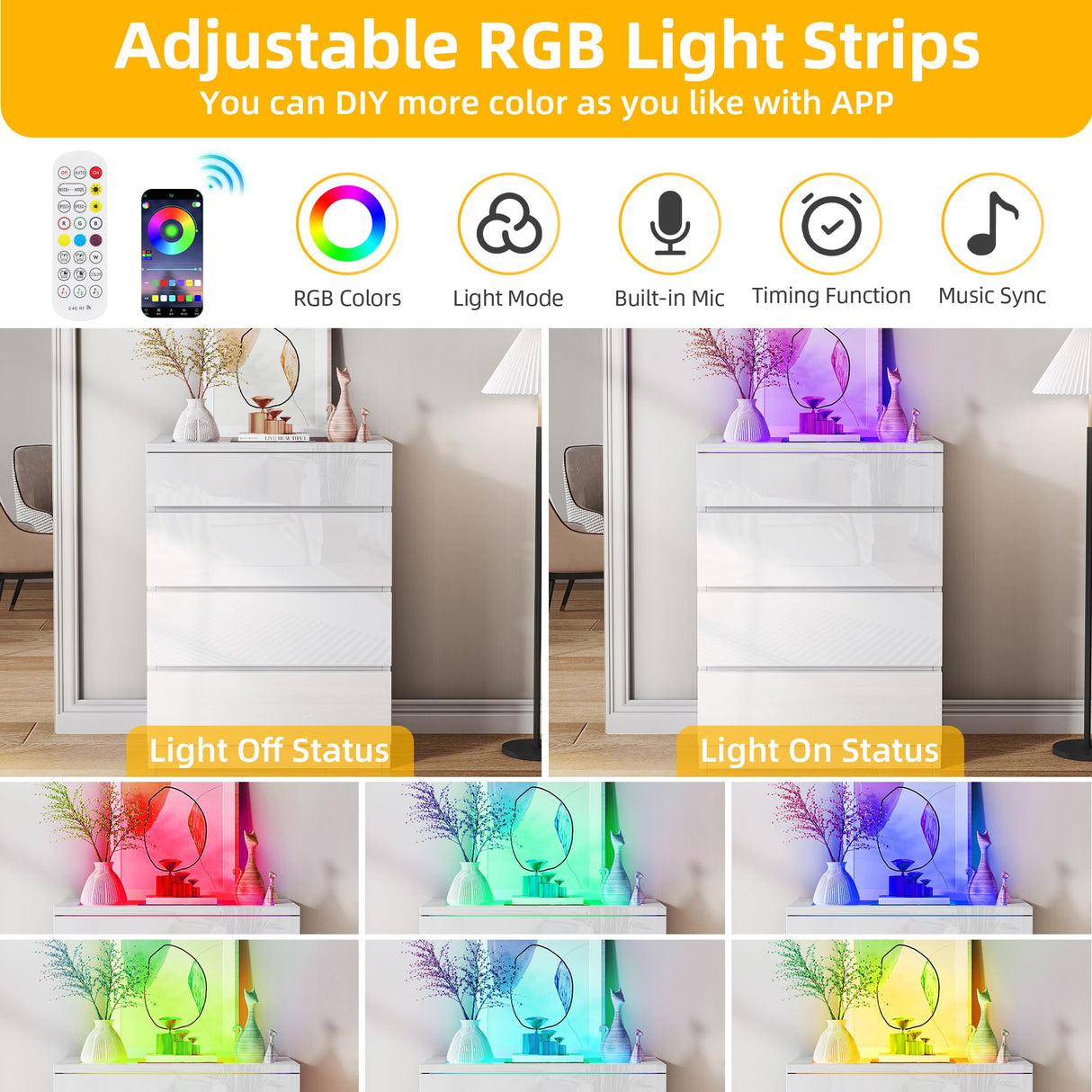 YITAHOME Dresser with LED, High Gloss Surface Large Chest of Drawers Storage Organizer with Glass Top, 4 Drawers TV Stand, Wide Dresser for Living Room YITAHOME