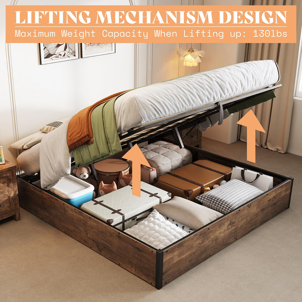 AMERLIFE Lift Up Storage Bed, King Bed Frame with Storage Underneath, Wooden Platform Bed Frame, Solid Wood Slats Support, No Fixed Headboard, No Box Spring Needed, Rustic Brown AMERLIFE