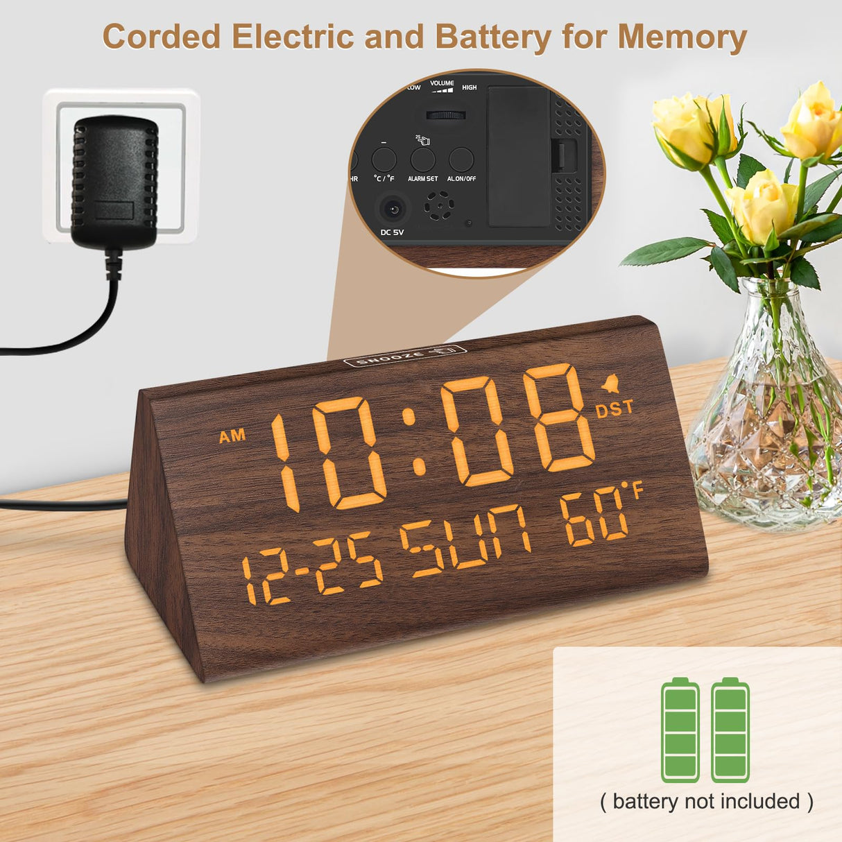 DreamSky Digital Alarm Clocks for Bedrooms - Wooden Desk Clock with Date, Day of Week, USB Port, Temperature, Dimmer for Bedside Table, Living Room, Office, Adjustable Volume, Auto DST, Wood Decor DreamSky