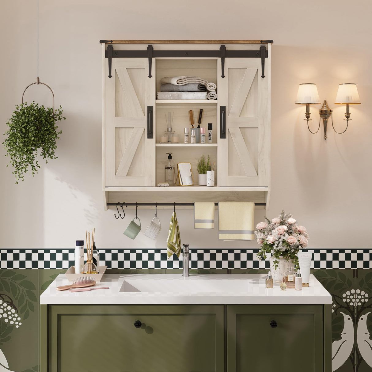 Trironsun Farmhouse Medicine Cabinet 2 Sliding Barn Doors 3 Tier Rustic Wood Wall Storage Cabinet Adjustable Shelf Towel Bar Wall Mounted Bathroom Wall Cabinet (Antique White, 30.71 Inch) Trironsun