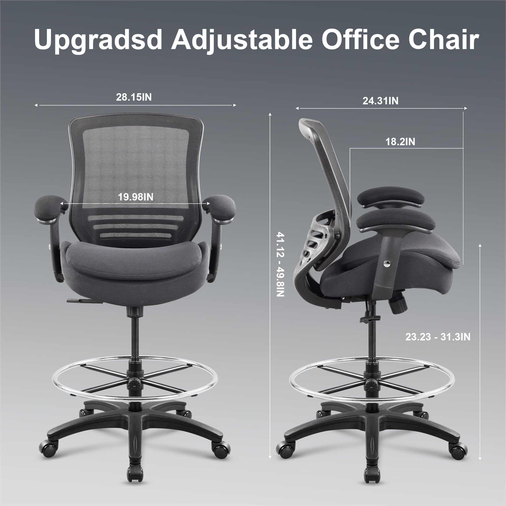 WITTLONG 400lbs Drafting Chair with Extra Seat Cushion Tall Office Chair with Soft Armrests Executive Computer Standing Desk Chair with Lumbar Support and Enlarged Adjustable Footring-Black - WoodArtSupply