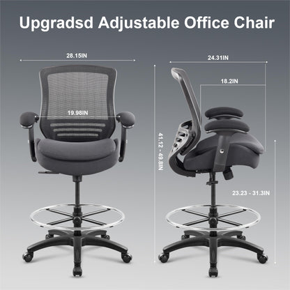 WITTLONG 400lbs Drafting Chair with Extra Seat Cushion Tall Office Chair with Soft Armrests Executive Computer Standing Desk Chair with Lumbar Support and Enlarged Adjustable Footring-Black - WoodArtSupply