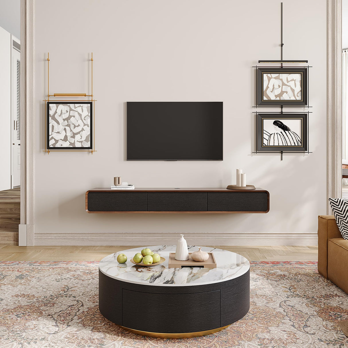 POVISON DONICY Fully-Assembled Minimalist Floating TV Stand, Modern Wall-Mounted Entertainment Center with 3 Drawers, Solid Wood, Walnut Veneer, 78" POVISON DONICY