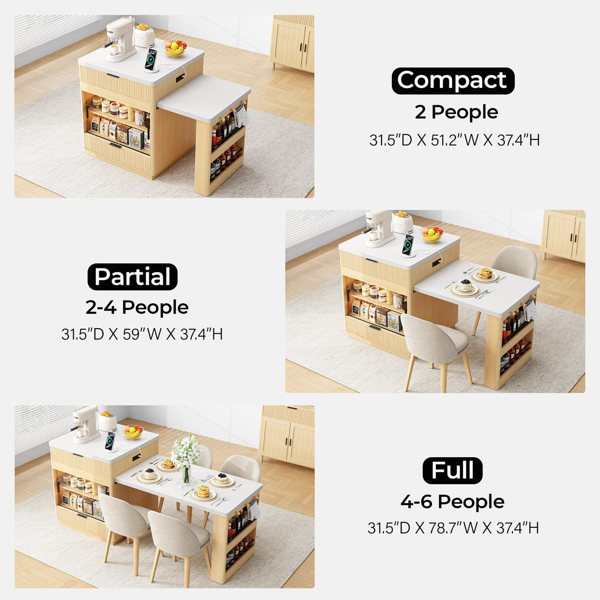 IRONCK 78.7" Kitchen Island with Extendable Dining Table & Storage for 2-6, with Motion-Sensor LED Tempered Glass Cabinet, Charging Station, Spice Racks, Quartz Laminate Top for Dining Room (Oak) IRONCK