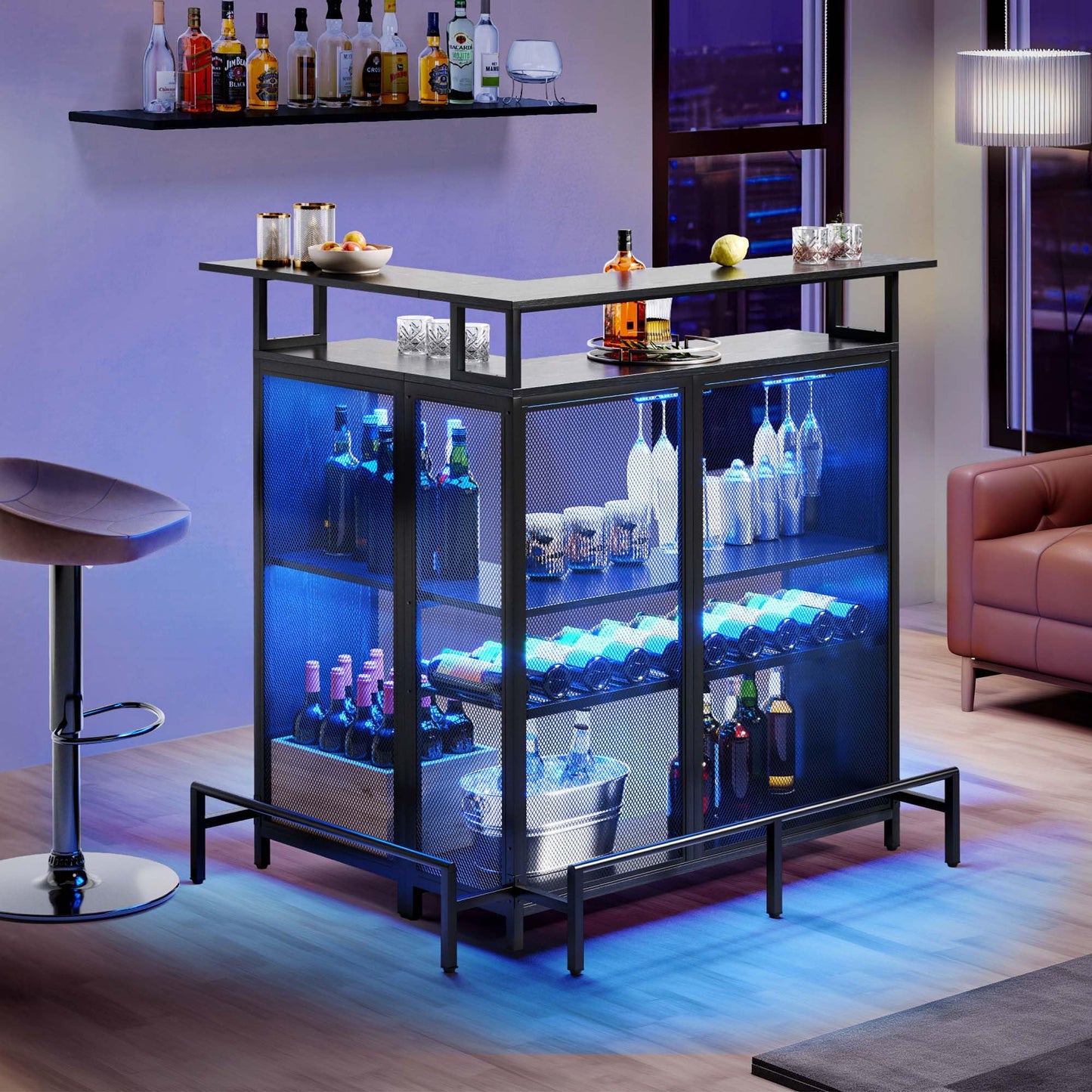 YITAHOME Modern L-Shaped Mini Home Bar Unit with Music-Responsive LED Light and Storage Solutions in Black - WoodArtSupply