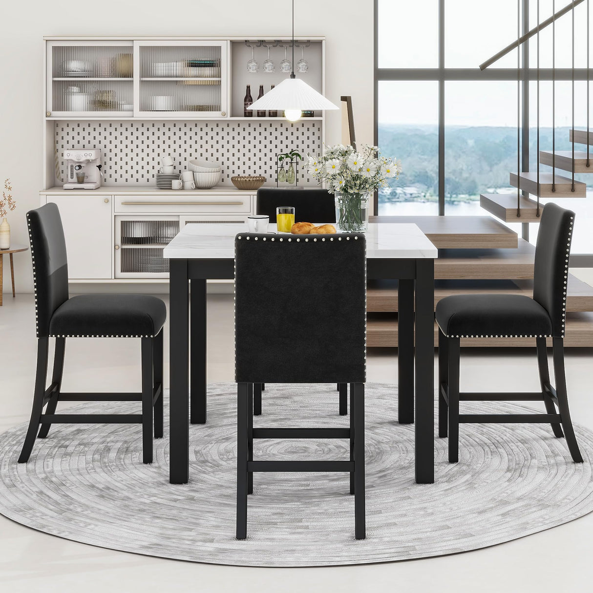 5 Piece Counter Height Dining Table Set with Square Faux Marble Table and 4 Upholstered Chairs, Solid Wood Kitchen Dining Table Set for Small Spaces, Family Kitchen and Dining Room.(Black) Bellemave