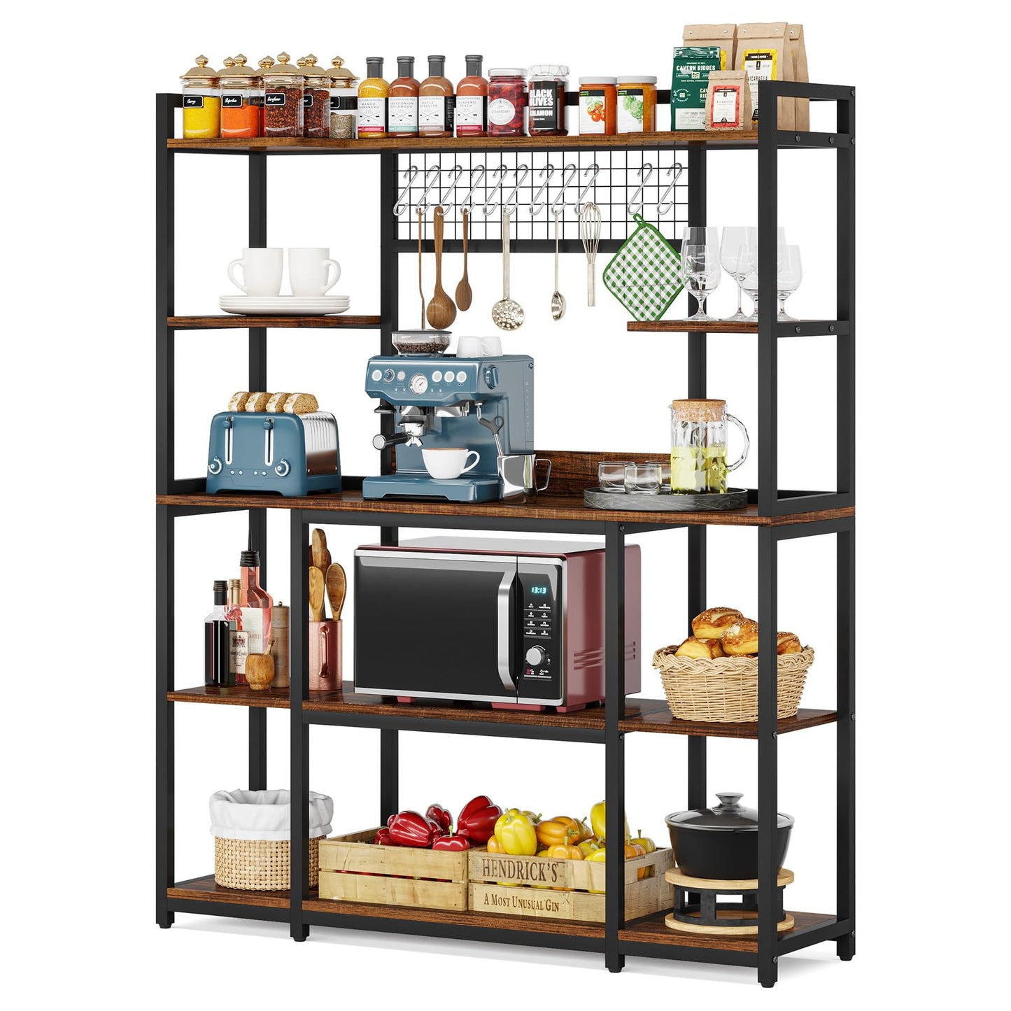 LITTLE TREE 5 Tiers Bakers Rack, 70" Kitchen Hutch Microwave Stand with 11 Hooks, 55" Extra Wide Kitchen Storage Shelf Rack, Wood Baker’s Rack with Hutch for Kitchen, Brown