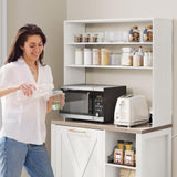 DWVO Bakers Rack Microwave Stand Cabinet with Trash Can Bin Cabinet and Power Outlet 6-Tiers Farmhouse Kitchen Tall Thickened Coffee Bar Table Station with Storage Shelf, White DWVO