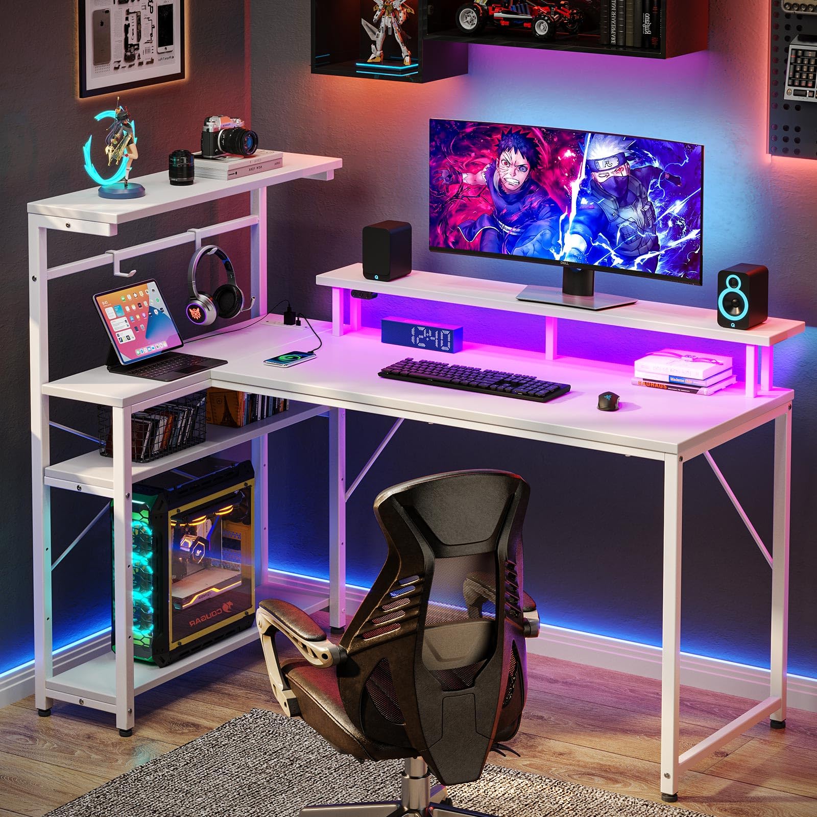 Seventable Gaming Desk with Power Outlet and LED Light, Reversible Small Desk with Monitor Stand and 4 Tiers Shelves, 39" L Shaped Desk with Hooks, Computer Desk for Living Room and Bedroom,  - WoodArtSupply