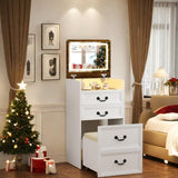 FONTOI Vanity Desk, 3 in 1 Vanity Desk with Hidden Chair, Farmhouse Vanity with Mirror and Lights, Small Makeup Vanity with Charging Station Storage Shelf for Bedroom, White & Brown FONTOI