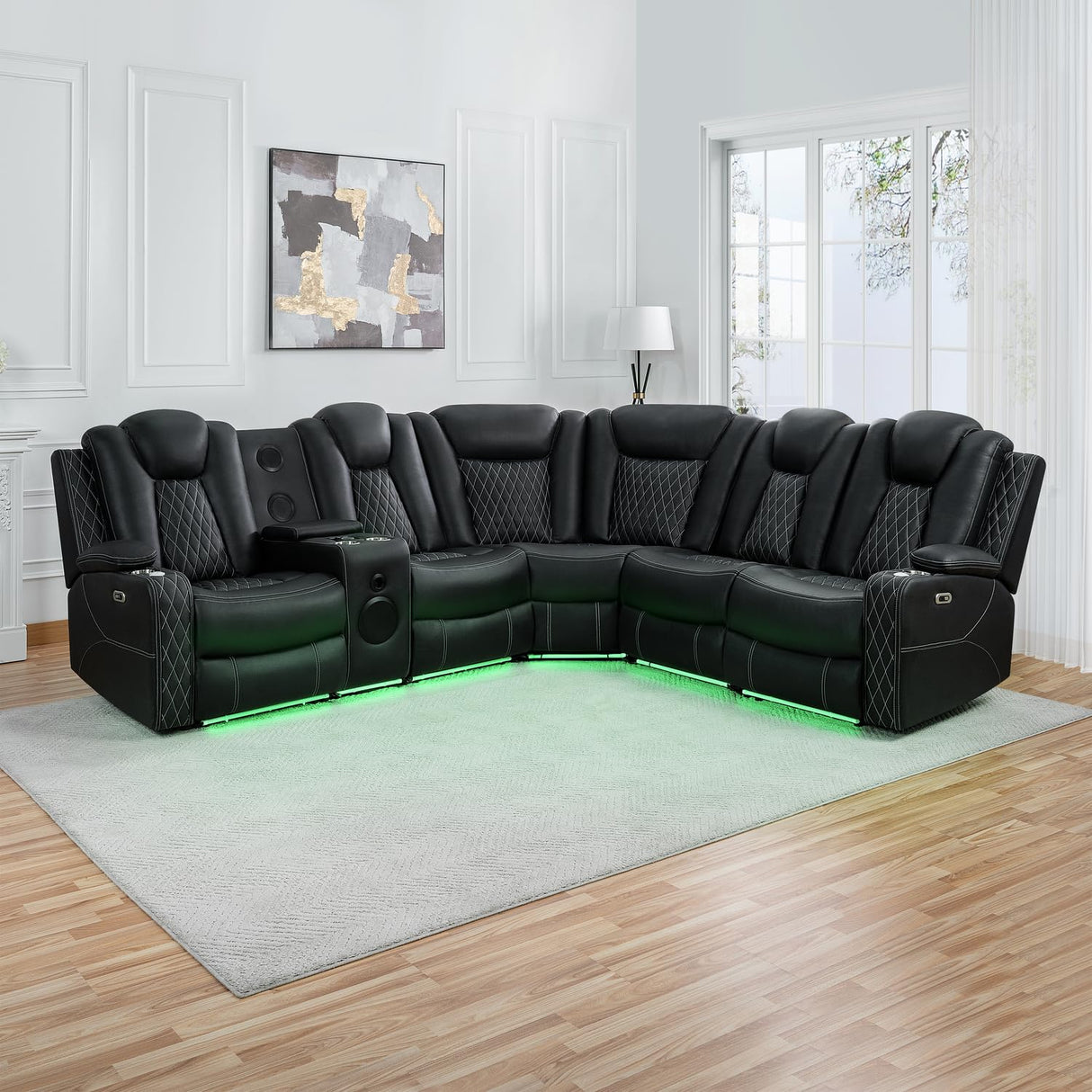 Naomi Home Chicago Luxury DIY Theater Sofa Set – Power Reclining Home Theater Seating with Adjustable Headrests, LED Lights, Bluetooth Speaker, Wireless Charging, USB & AUX Ports - Black Naomi Home
