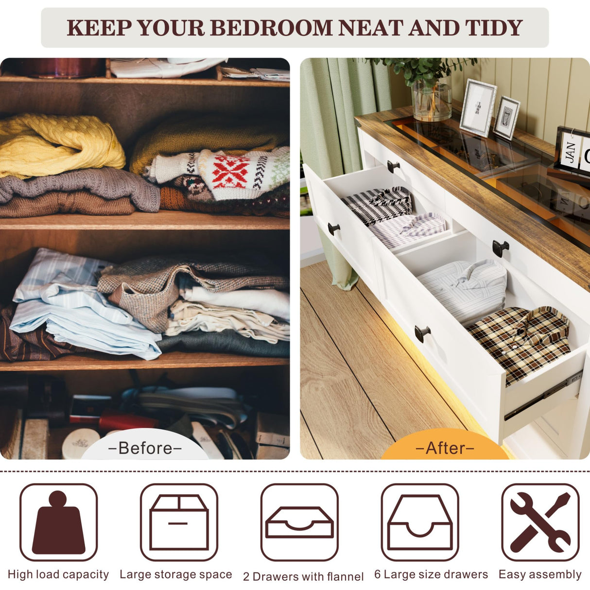 FREDEES Farmhouse 8 Drawers Dresser for Bedroom, Wood Tall Chest of Drawers with LED Light/Charging Station/Human Sensor, Dressers Organizer for Closet, Living Room, Hallway, White FREDEES