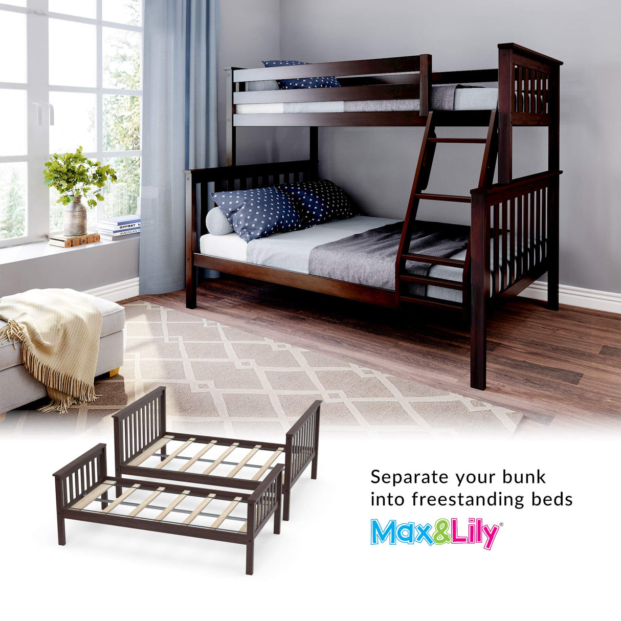 Max & Lily Twin Over Full Bunk Bed in Espresso - Solid Wood Frame with Removable Ladder and Safety Guardrails Max & Lily