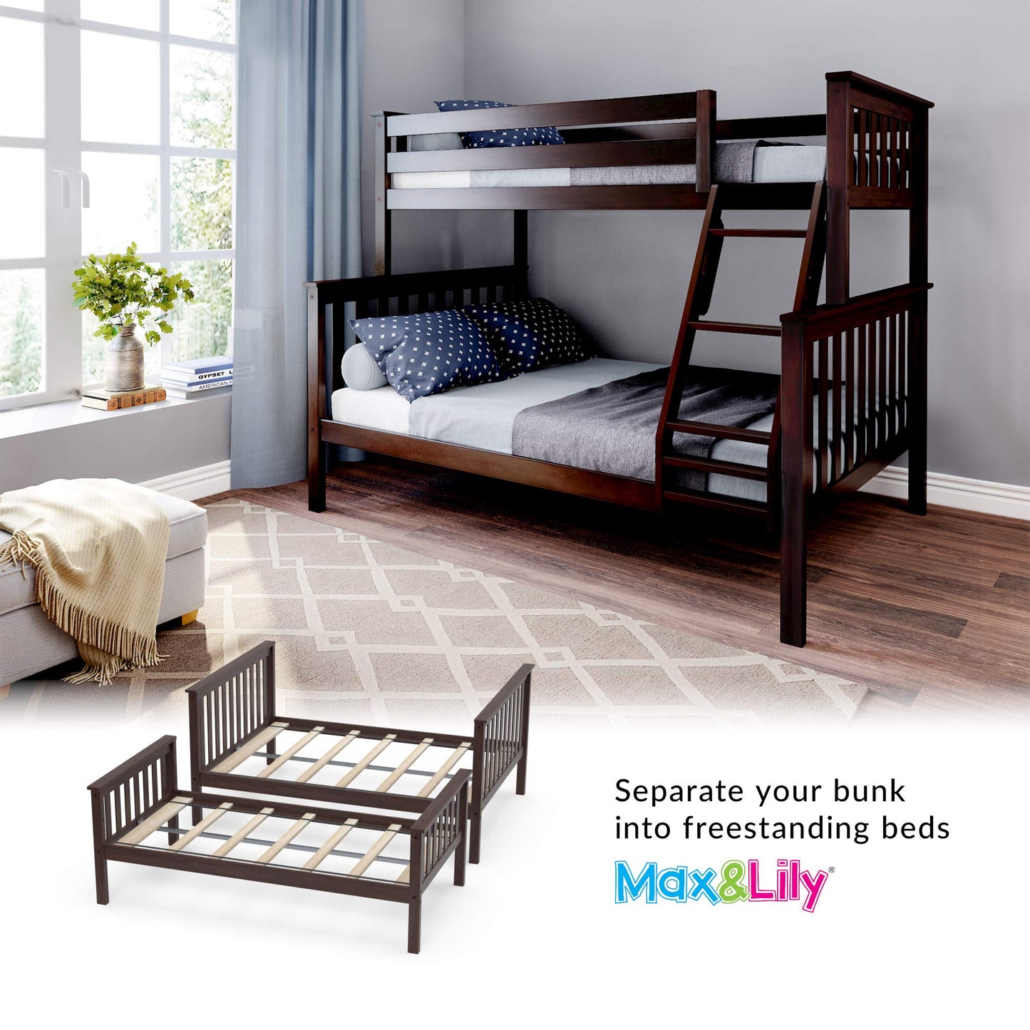 Max & Lily Twin Over Full Bunk Bed in Espresso - Solid Wood Frame with Removable Ladder and Safety Guardrails - WoodArtSupply