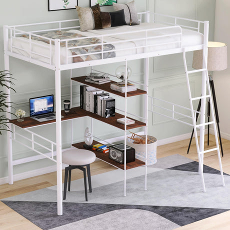 Twin Loft Bed with Desk and Storage, Heavy Duty Loft Bed Twin Size, Twin Size Loft Bed with L-Shaped Desk and Guardrails, Twin Loft Bed for Kids, Girls, Boys(Twin White Bellemave