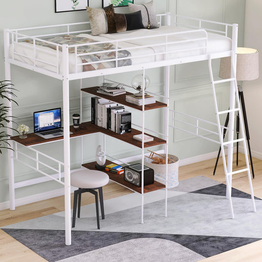 Twin Loft Bed with Desk and Storage, Heavy Duty Loft Bed Twin Size, Twin Size Loft Bed with L-Shaped Desk and Guardrails, Twin Loft Bed for Kids, Girls, Boys(Twin White