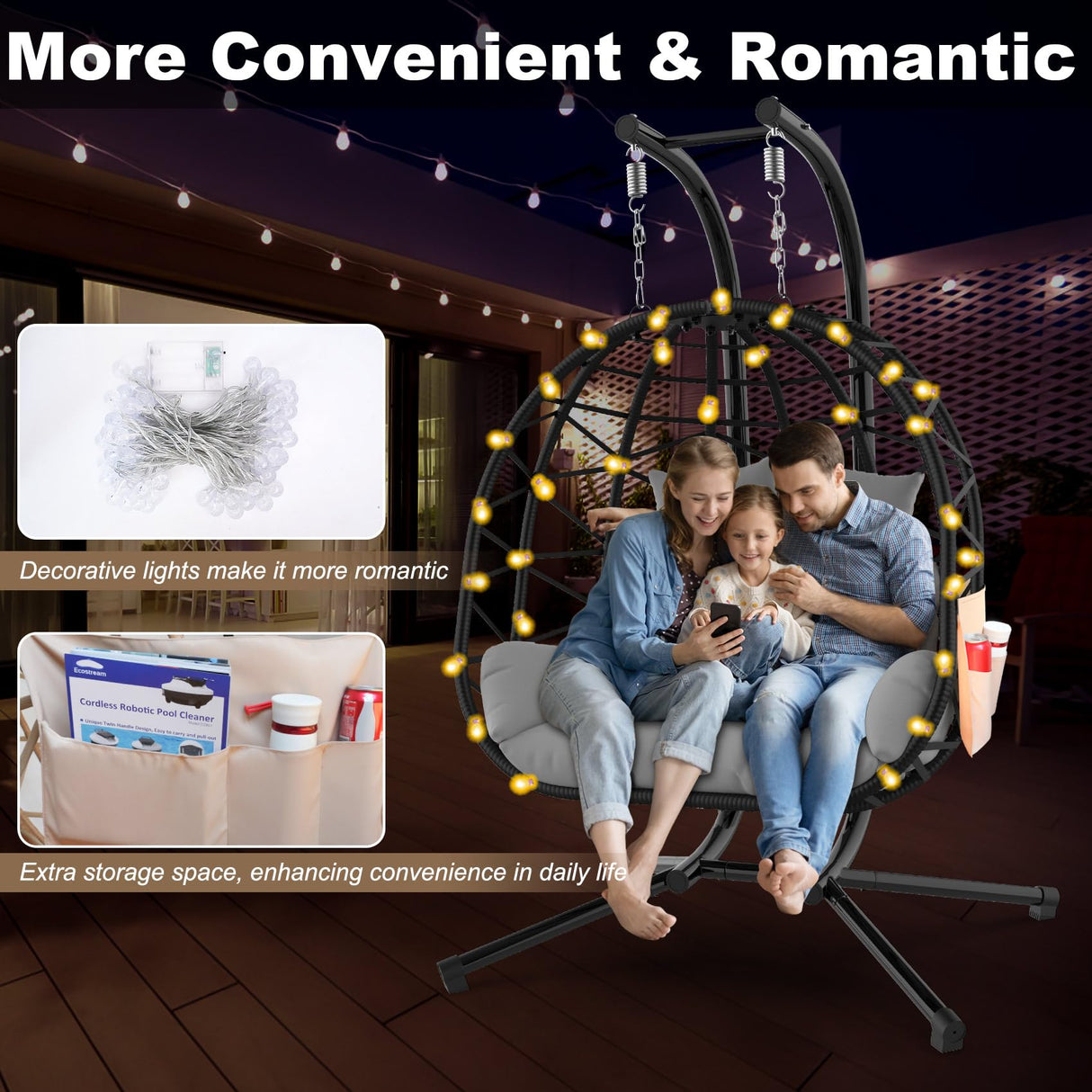 ZENPETIO Double Egg Chair with Stand, 2 Person Swing Egg Chair, Rattan Wicker Swing Chair with UV Resistant Cushion and Pillow, for Indoor Outdoor Bedroom Patio Hanging Basket Chair, Black ZENPETIO