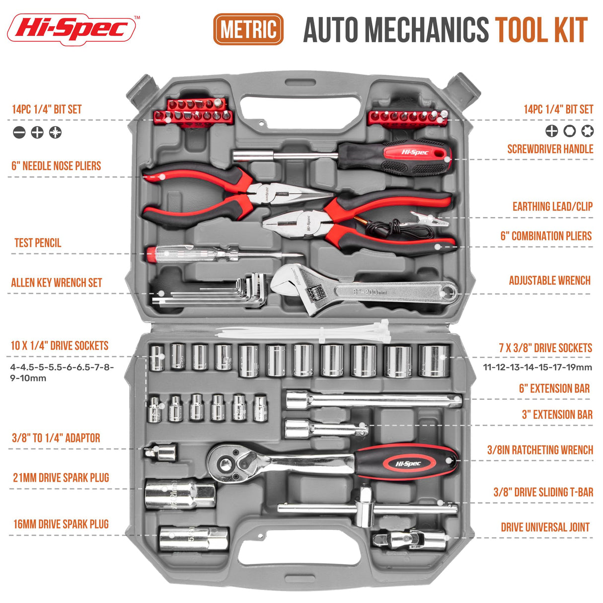 Hi-Spec Tools 67Pc Metric Auto Mechanic Tool Set, Motorcycle & Car Tool Kit, Auto Repair Tool Set with Pliers, Screwdriver Set, Socket Kit & Tool Box Storage Case for Cars, Trucks, Boats RVs & Jeeps Hi-Spec