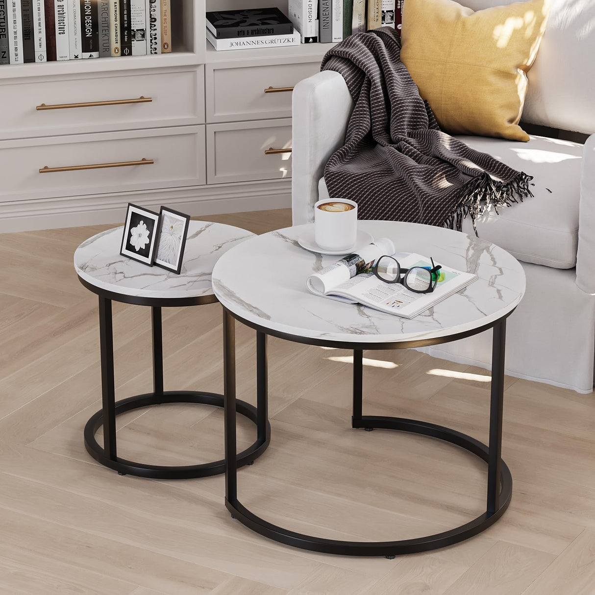 Smuxee White Nesting Coffee Table Set of 2, 23.6" Round Coffee Table Wood Grain Top with Adjustable Non-Slip Feet, Industrial End Table Side Tables for Living Room Bedroom Balcony Yard Smuxee