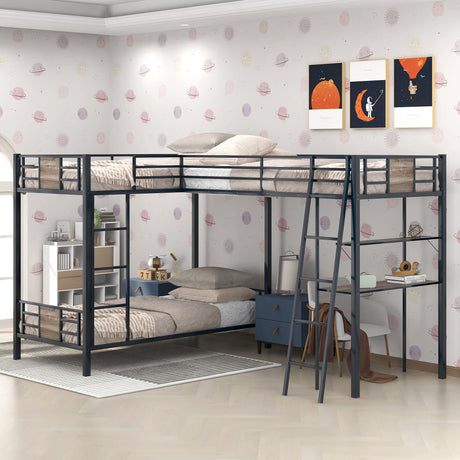 Merax Metal L-Shaped Twin Over Twin Bunk Bed with a Twin-Size Loft Bed Attached, Triple Bunk Bed with Desk and Shelf for Teens, Adults, Black and Brown Wood Merax