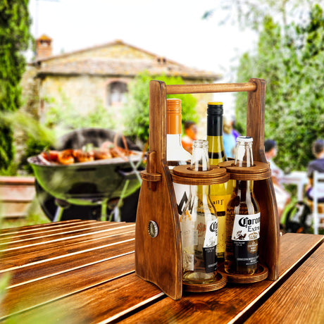 ROSTMARYGIFT Wood Wine Bottle Glasses Caddy - Beer Carrier - Drinking Desk Accessories Men's Wine Organizer - Glass Tray Holder - Wine Storage Stand ROSTMARYGIFT