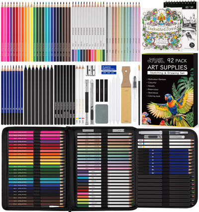 Joyask 92 Pack Art Supplies Sketching Kit, Drawing Set with Rainbow, Colored, Graphite, Watercolor, Metallic, Charcoal Pencils, Art Set Drawing Kit for Artists Adults Teens Beginners