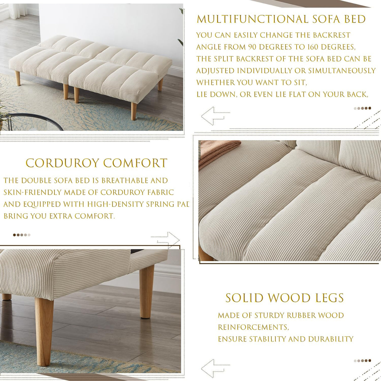 Modern Corduroy Convertible Folding Futon Couch Sofa Bed,with Adjustable Backrest Memory Foam Couch Double Loveseat Sofa for Compact Living Space,Dorm,Game Studio,Apartment,Bedroom (White) Gustonhon