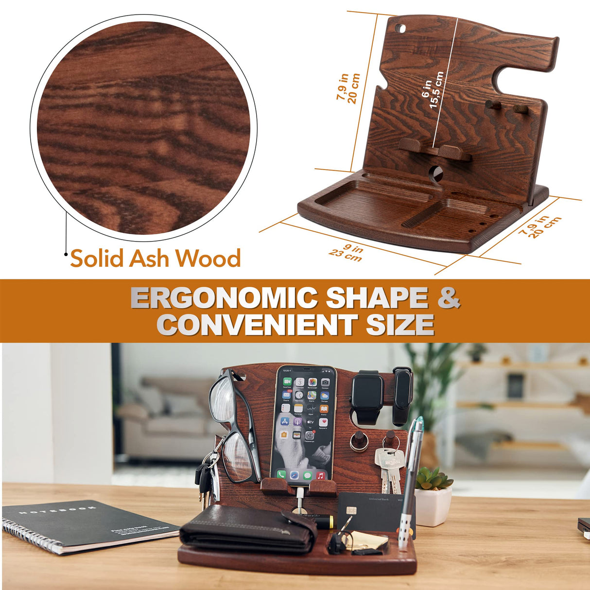 TESLYAR Wood Phone Docking Station Ash Hooks Key Holder Wallet Watch Stand Watch Organizer Men Husband Anniversary Dad Birthday Nightstand Purse Father Graduation Male Travel Gadgets TESLYAR