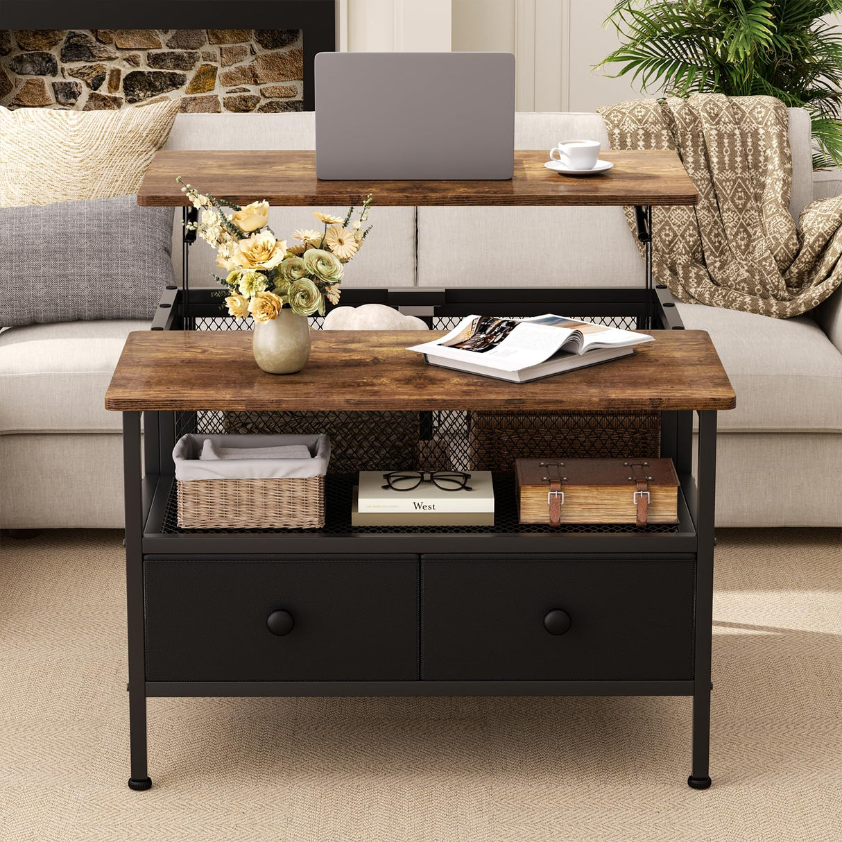 FABATO Lift Top Coffee Table, Square Coffee Table Metal Wood, Farmhouse Lift Up Coffee Table Cocktail Table with Wire Mesh Barn Door and Storage, Steel Frame, Small Tea Table for Living Room, Black FABATO