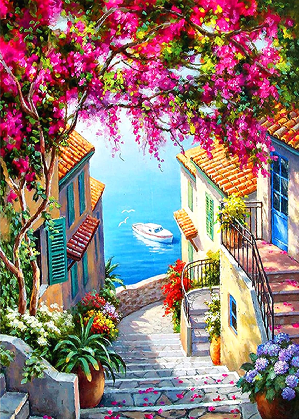 QIOUOL 5D Diamond Art Kits for Adults Beginners,Seaside Town DIY Painting with Round Full Drill Diamonds Painting Mosaic Gems Art for Home Office Wall Decor 12x16 Inch QIOUOL