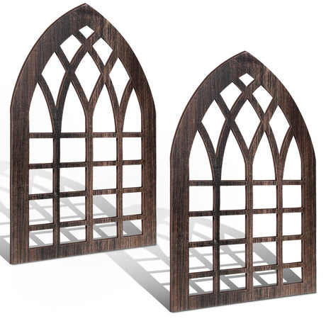 Yulejo 2 Pcs Rustic Window Frame Wall Decor Wooden Farmhouse Wall Decor 15.75'' x 11'' Arched Cathedral Window Home Decor Fake Window Pane Wall Art for Entryway Living Room Bedroom(Dark Brown) Yulejo