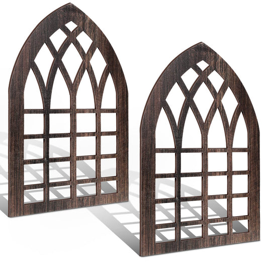 Yulejo 2 Pcs Rustic Window Frame Wall Decor Wooden Farmhouse Wall Decor 15.75'' x 11'' Arched Cathedral Window Home Decor Fake Window Pane Wall Art for Entryway Living Room Bedroom(Dark Brown)