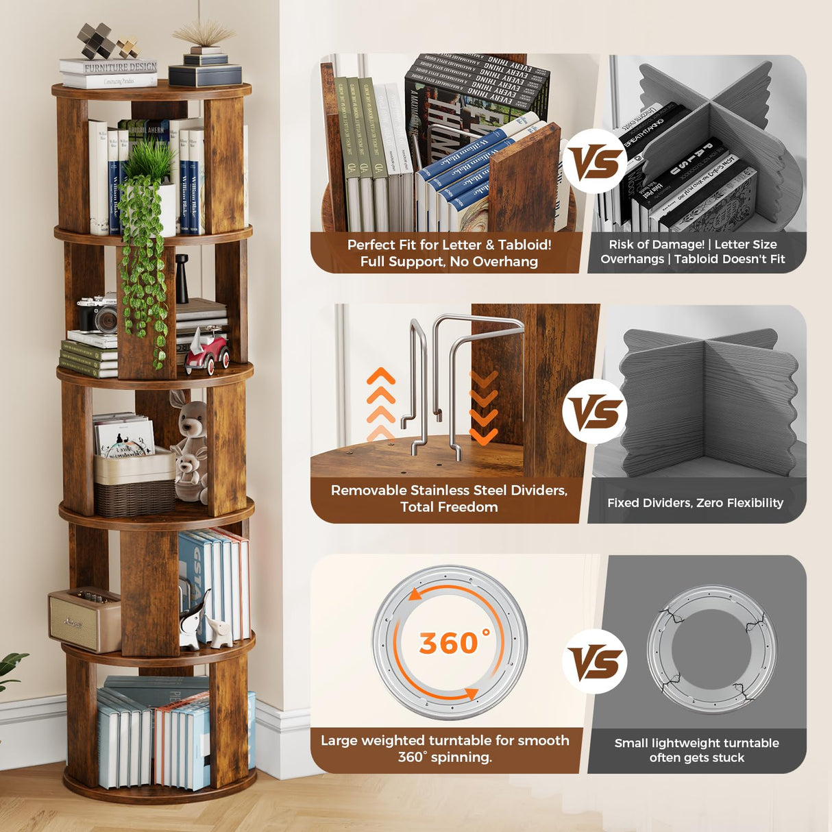 VYRIVA 5 Tier Rotating Bookshelf Tower, 360° Display Round Bookcase, Floor Standing Corner Revolving Bookshelf Organizer Storage Rack for Home Study Office, Walnut VYRIVA