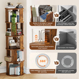 VYRIVA 5 Tier Rotating Bookshelf Tower, 360° Display Round Bookcase, Floor Standing Corner Revolving Bookshelf Organizer Storage Rack for Home Study Office, Walnut VYRIVA