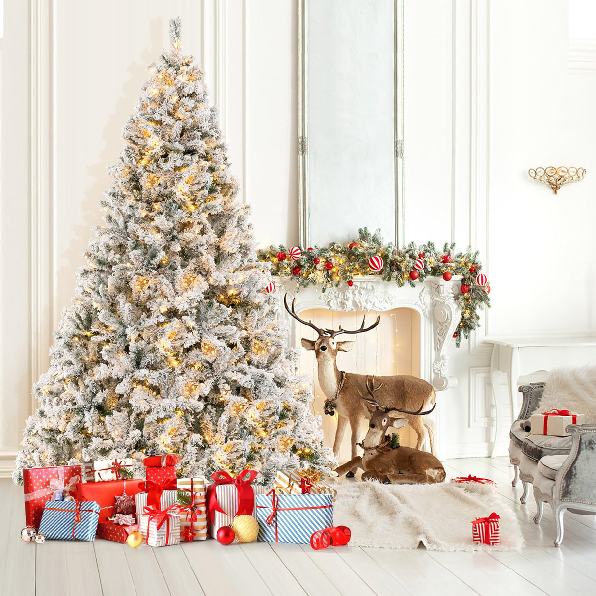 Goplus 3-Minute-Setup Pre-Lit Snow Flocked Christmas Tree, 8ft Artificial Hinged Xmas Tree with 600 Warm-White LED Lights, 1370 Branch Tips, Upgraded Metal Stand, for Office Home Holiday Decor Goplus