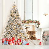 Goplus 3-Minute-Setup Pre-Lit Snow Flocked Christmas Tree, 8ft Artificial Hinged Xmas Tree with 600 Warm-White LED Lights, 1370 Branch Tips, Upgraded Metal Stand, for Office Home Holiday Decor Goplus