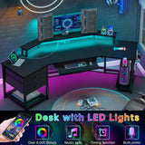 SEDETA 79" Gaming Desk, Computer Desk with 2 Fabric Drawers & LED Light, L Shaped Gaming Desk with Storage Shelf for Home Office, Carbon Fiber Black SEDETA