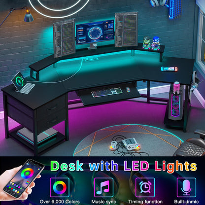 SEDETA 79" Gaming Desk, Computer Desk with 2 Fabric Drawers & LED Light, L Shaped Gaming Desk with Storage Shelf for Home Office, Carbon Fiber Black - WoodArtSupply