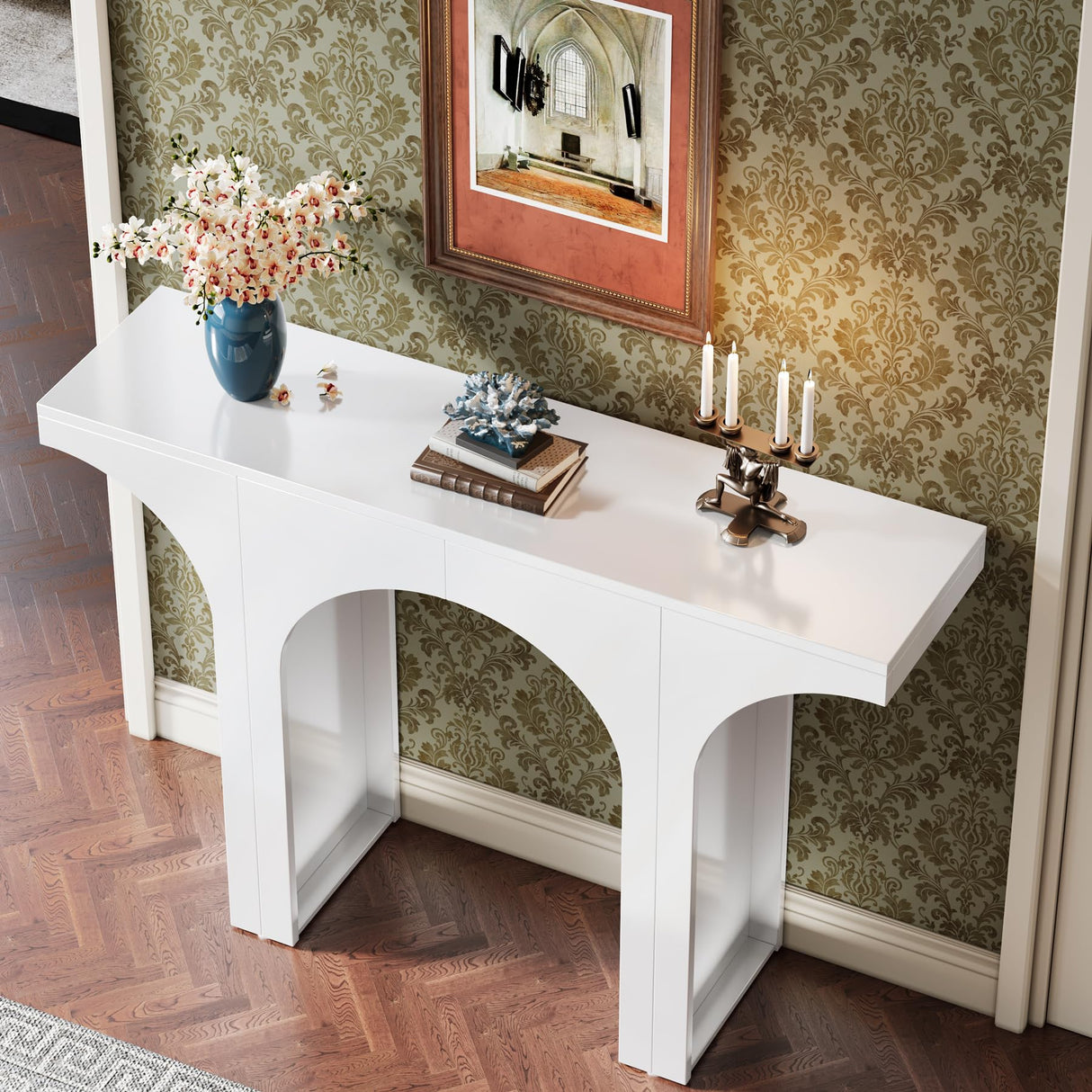 Tribesigns 47 Inches Console Table, Wooden Entryway Table, Modern Hallway Table, Sofa Table with Arch Base, Unique Foyer Table, Behind Couch Table, White Long Accent Table for Living Room, Entrance Tribesigns