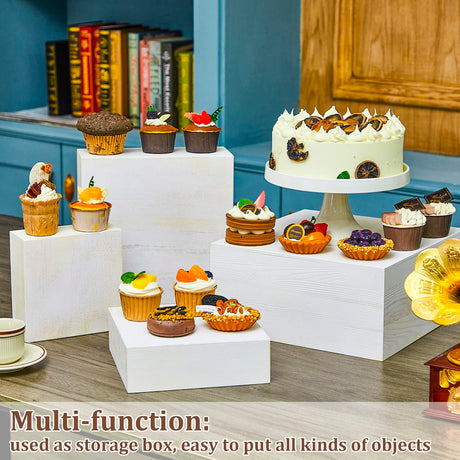 Roowest Set of 4 Wood Display Risers Rustic Cupcake Stand Rustic Wood Cake Stands Wooden Stackable Display Box for Dessert Wedding Birthday Christmas Village Party Decoration(Vintage White) Roowest