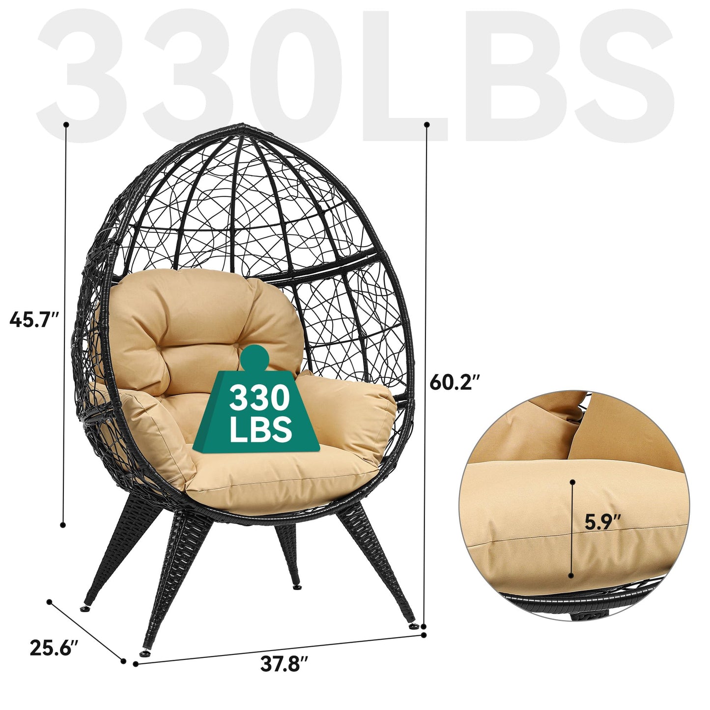 YITAHOME Egg Chair Wicker Outdoor Indoor Oversized Large Lounger with Stand Adjustable Leveling Feet with Cushion Egg Basket Chair 350lbs Capacity for Patio, Garden Backyard Balcony, Bedroom, Beige