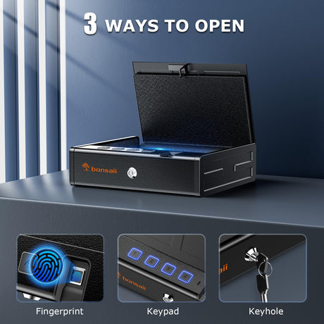Bonsaii Gun Safe for Handgun, 3 Ways Quick Access Biometric Gun Safe for Pistols, Fingerprint Pistol Safe with Type-C Port, Small Handgun Safe Lock Box with Light for Nightstand, Bedside, Car, Home bonsaii