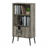 Furinno Claude Mid Century Style Accent Wooden Leg Bookcase Cabinet with Storage Organizer Shelves, French Oak Grey Furinno