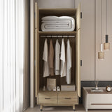 Karl home Armoire Wardrobe Closet 4-Door Storage Pantry Cabinet Modern Wood Closet with 2 Drawers, 2 Adjustable Shelves, Hanging Rod, Freestanding Pantry Cabinet for Bedroom, Oak Karl home