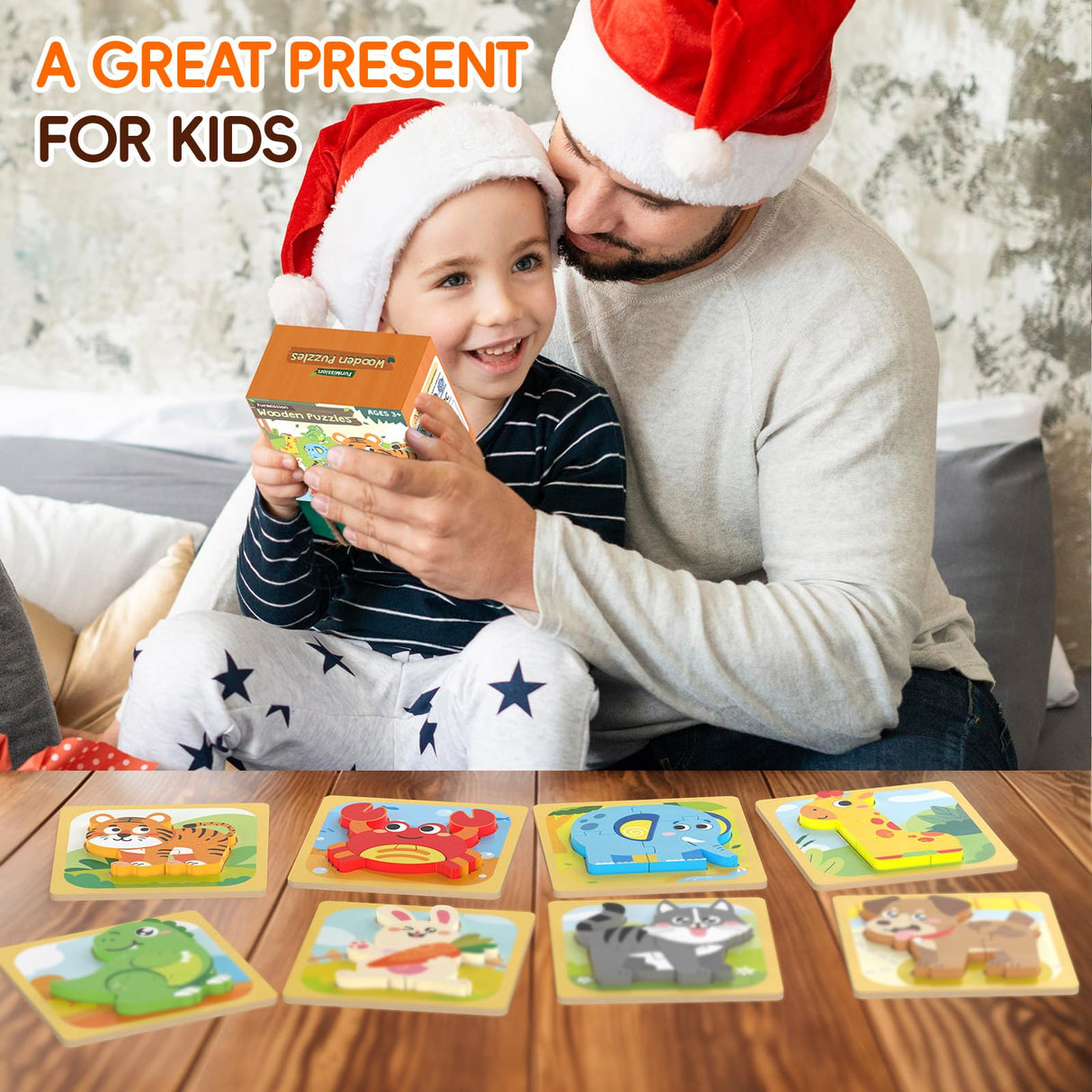 FunMission Puzzles, 8Pcs Animals Jigsaw Puzzles Toddler Toys, Brain Teaser Puzzles Montessori Toys, Wooden Puzzle Games, Educational Puzzles STEM Toys for 3+ Year Old Kids, for Kids FunMission