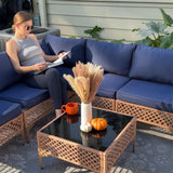 FHFO 7 Piece Outdoor Wicker Patio Furniture Set, Rattan Sectional Sofa Couch, Patio Conversation Set with Cushion & Coffee Table, for Backyard Poolside Porch Garden, Yellow/Blue FHFO