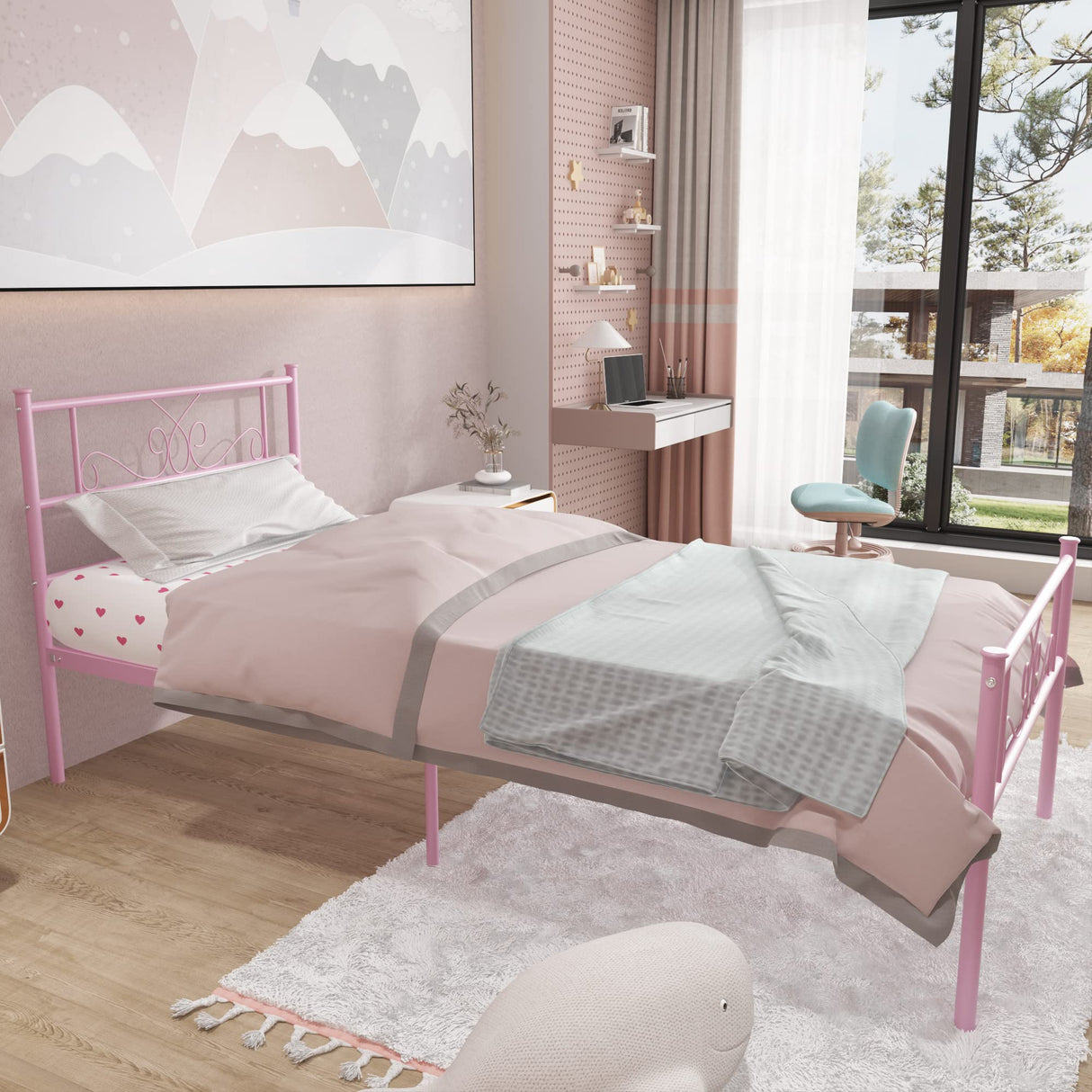 Weehom Platform Steel Bed Frame with 6 Legs Mattress Foundation Heavy Duty Bed Steel Slat Support Easy Assemble Kids Adults(Twin Size),Pink Weehom